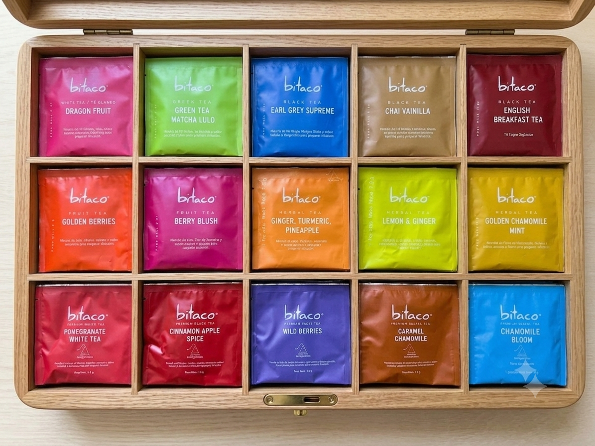 Coffret Introduction "L'Univers Bitaco" | 15 Saveurs d'Exception x 5 pyramides Total 75 unités
